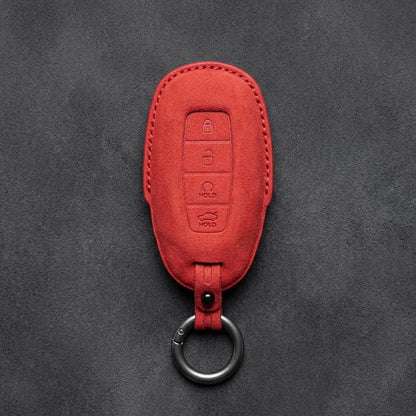 Hyundai Hand-Stitched Alcantara Key Fob Cover – Silver Cap Start & Trunk Red