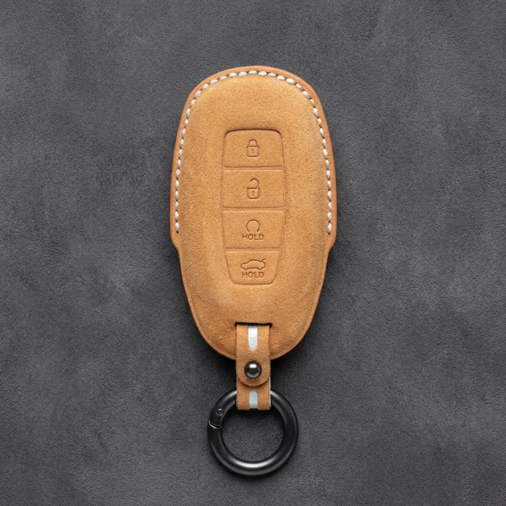 Hyundai Hand-Stitched Alcantara Key Fob Cover – Silver Cap Start & Trunk Soft Brown