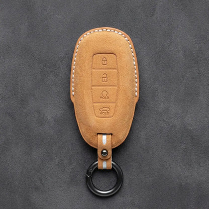 Hyundai Hand-Stitched Alcantara Key Fob Cover – Silver Cap Start & Trunk Soft Brown