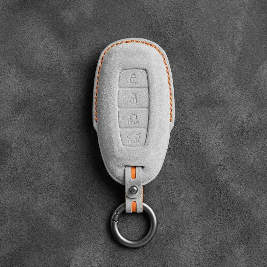 Hyundai Hand-Stitched Alcantara Key Fob Cover – Silver Cap Start & Trunk White
