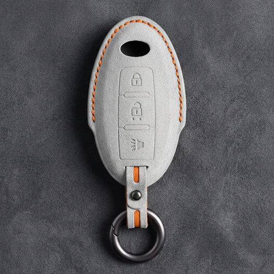 Infiniti Hand-Stitched Alcantara Key Fob Cover - Oval Smart Key 3-Button Panic - White