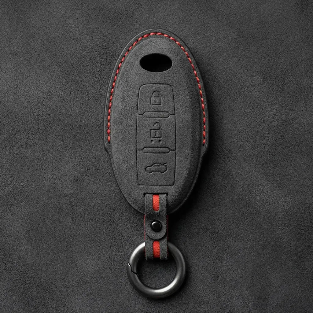 Infiniti Hand-Stitched Alcantara Key Fob Cover - Oval Smart Key 3-Button Trunk - Dark Charcoal