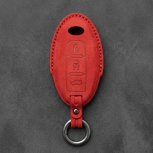 Infiniti Hand-Stitched Alcantara Key Fob Cover - Oval Smart Key 3-Button Trunk - Red