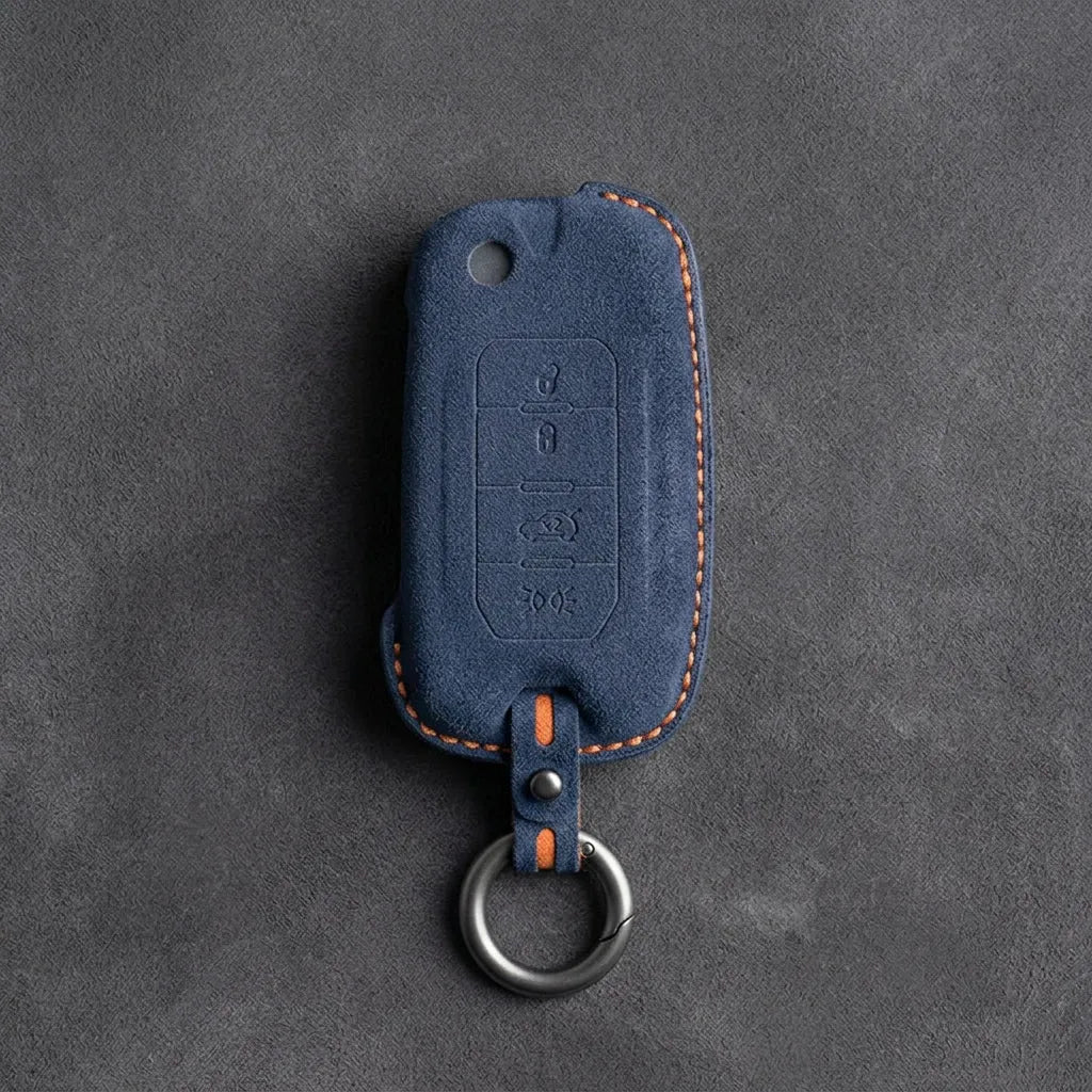 Jeep Hand-Stitched Alcantara Key Fob Cover – Geometric Remote Start Flip Key Cobalt Blue