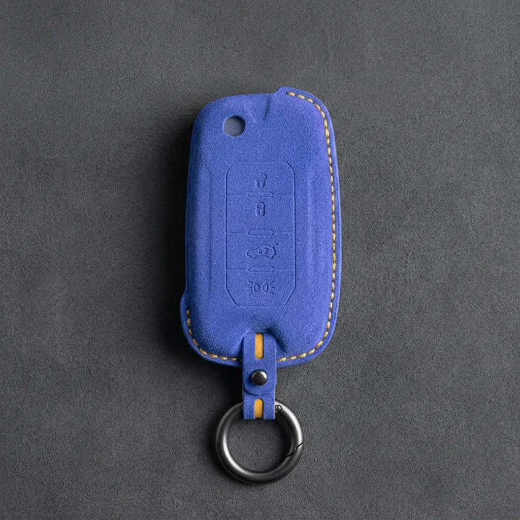 Jeep Hand-Stitched Alcantara Key Fob Cover – Geometric Remote Start Flip Key Cornflower Blue