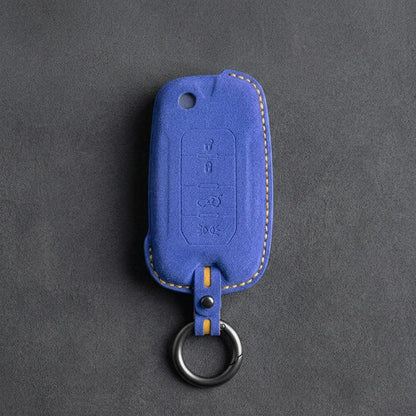 Jeep Hand-Stitched Alcantara Key Fob Cover – Geometric Remote Start Flip Key Cornflower Blue