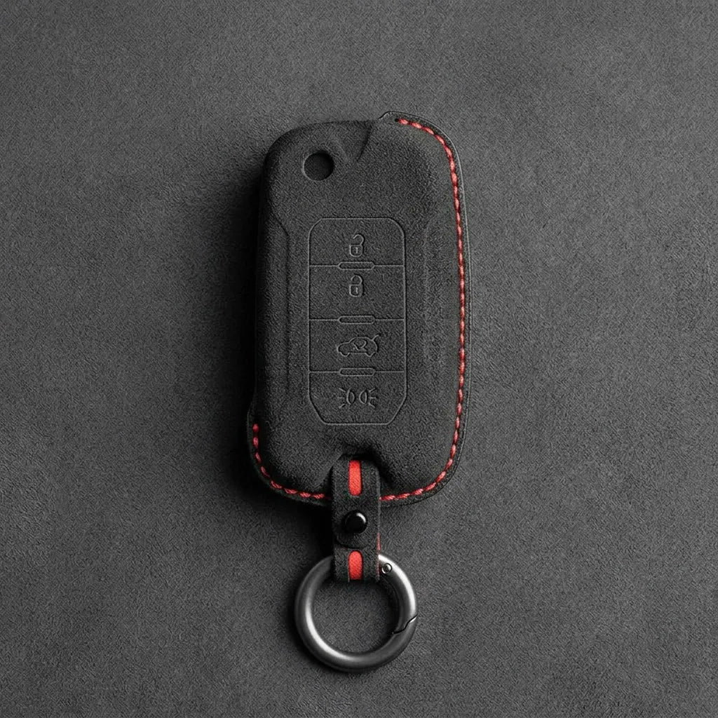 Jeep Hand-Stitched Alcantara Key Fob Cover – Geometric Remote Start Flip Key Dark Charcoal