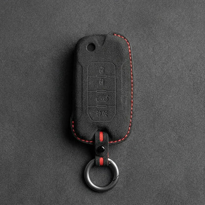 Jeep Hand-Stitched Alcantara Key Fob Cover – Geometric Remote Start Flip Key Dark Charcoal