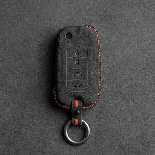 Jeep Hand-Stitched Alcantara Key Fob Cover – Geometric Remote Start Flip Key Dark Charcoal