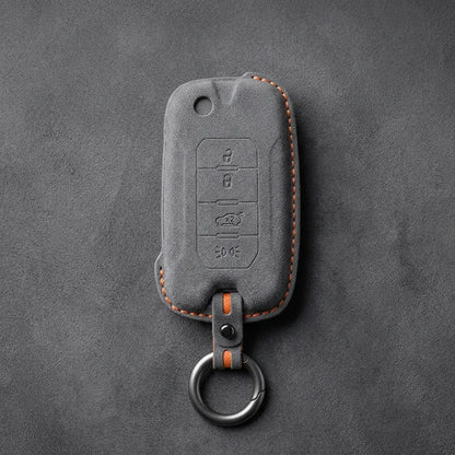 Jeep Hand-Stitched Alcantara Key Fob Cover – Geometric Remote Start Flip Key Dark Gray