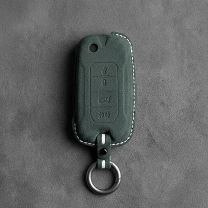 Jeep Hand-Stitched Alcantara Key Fob Cover – Geometric Remote Start Flip Key Dark Green