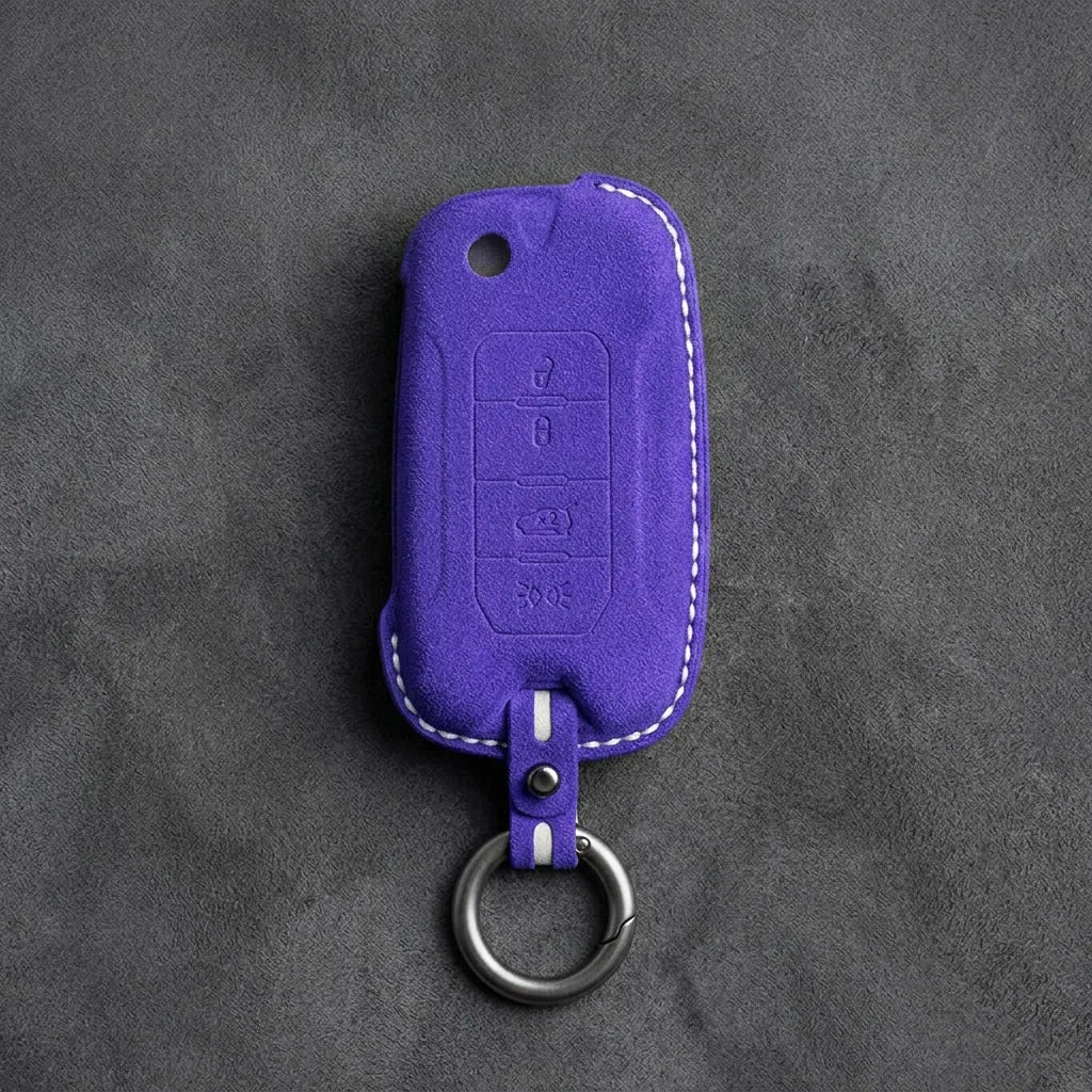 Jeep Hand-Stitched Alcantara Key Fob Cover – Geometric Remote Start Flip Key Dark Purple