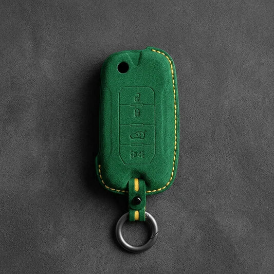 Jeep Hand-Stitched Alcantara Key Fob Cover – Geometric Remote Start Flip Key Grass Green