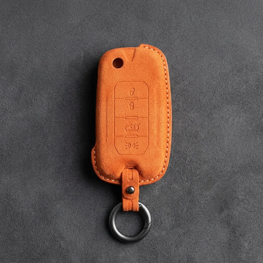 Jeep Hand-Stitched Alcantara Key Fob Cover – Geometric Remote Start Flip Key Orange
