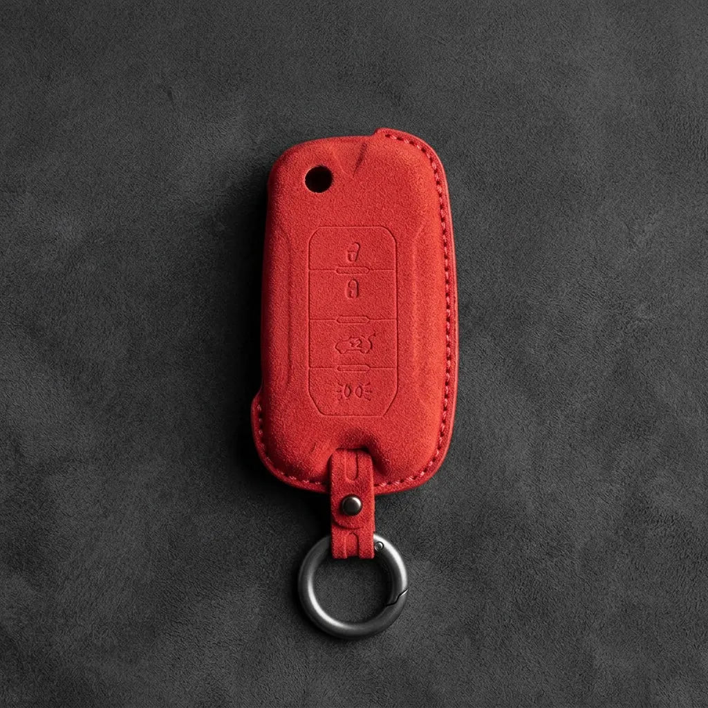 Jeep Hand-Stitched Alcantara Key Fob Cover – Geometric Remote Start Flip Key Red