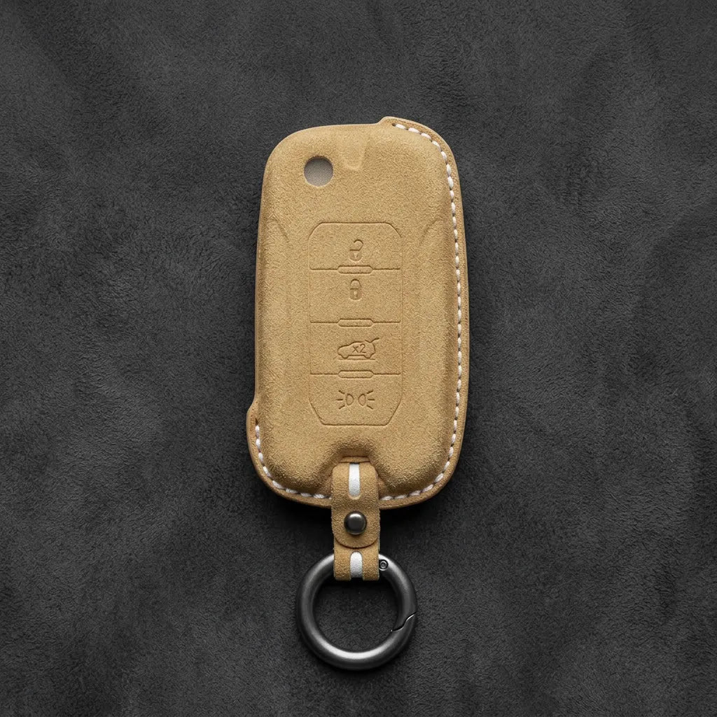 Jeep Hand-Stitched Alcantara Key Fob Cover – Geometric Remote Start Flip Key Soft Brown