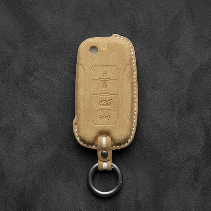 Jeep Hand-Stitched Alcantara Key Fob Cover – Geometric Remote Start Flip Key Soft Brown