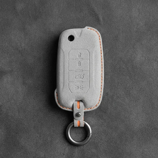 Jeep Hand-Stitched Alcantara Key Fob Cover – Geometric Remote Start Flip Key White