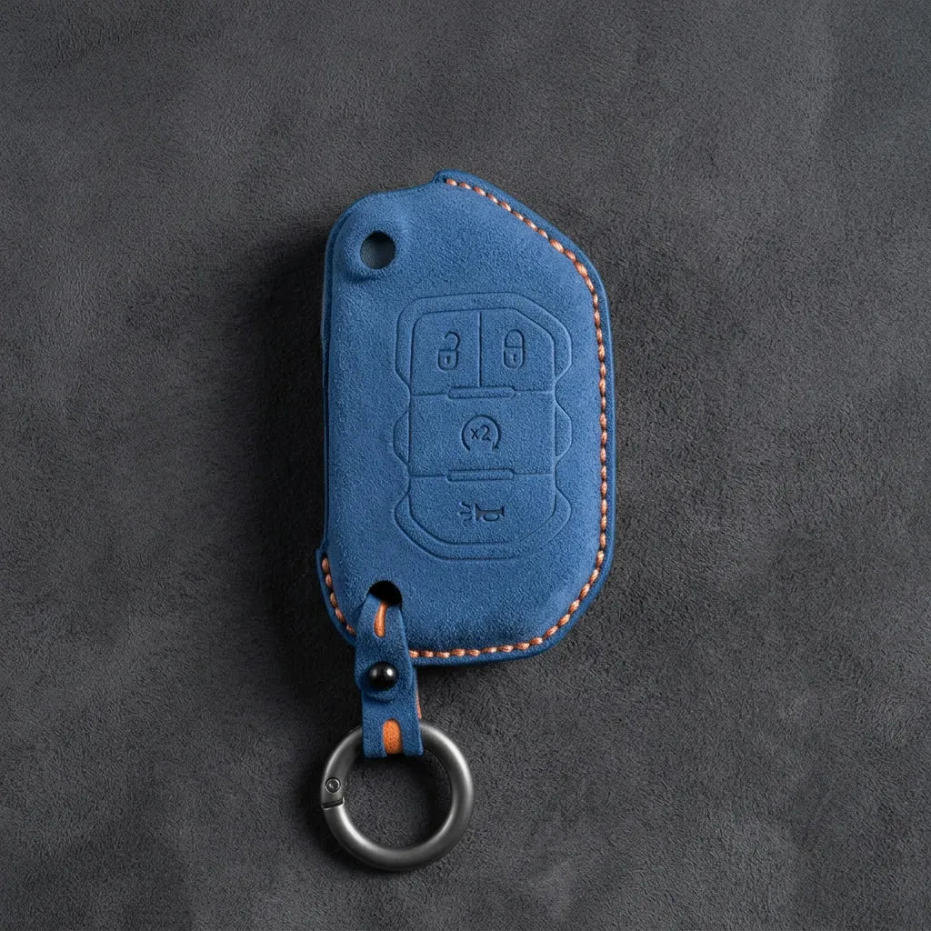 Jeep Hand-Stitched Alcantara Key Fob Cover – Remote Start Flip Key 4-Button Cobalt Blue