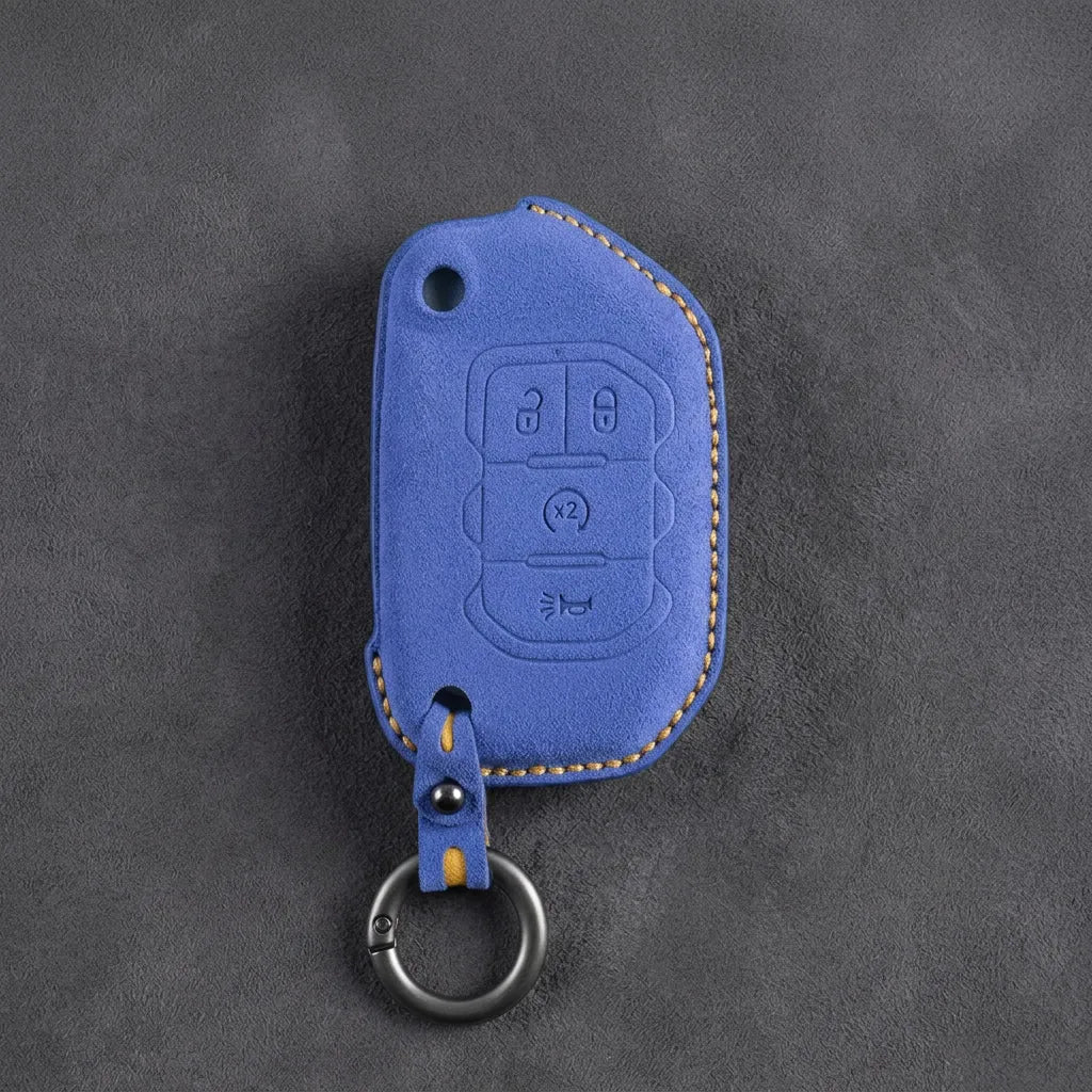 Jeep Hand-Stitched Alcantara Key Fob Cover – Remote Start Flip Key 4-Button Cornflower Blue