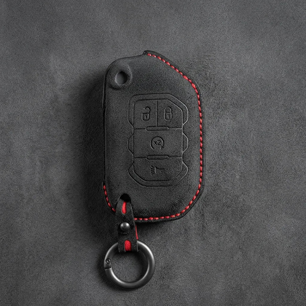 Jeep Hand-Stitched Alcantara Key Fob Cover – Remote Start Flip Key 4-Button Dark Charcoal