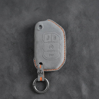 Jeep Hand-Stitched Alcantara Key Fob Cover – Remote Start Flip Key 4-Button Dark Gray