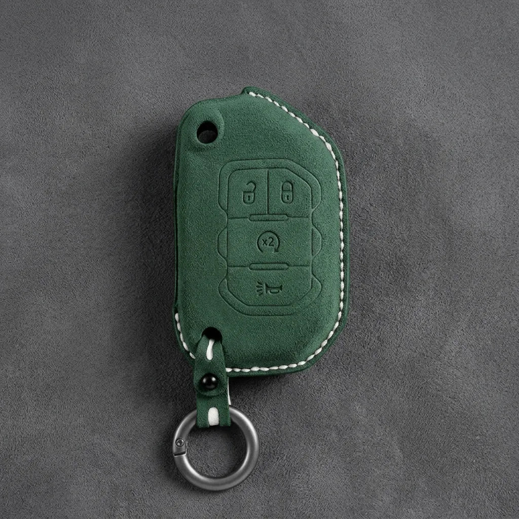 Jeep Hand-Stitched Alcantara Key Fob Cover – Remote Start Flip Key 4-Button Dark Green
