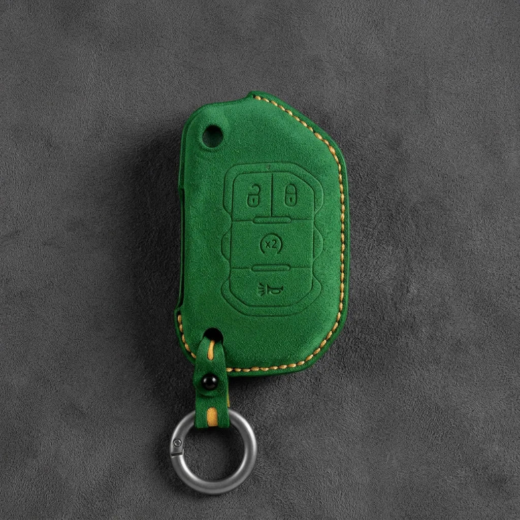 Jeep Hand-Stitched Alcantara Key Fob Cover – Remote Start Flip Key 4-Button Grass Green