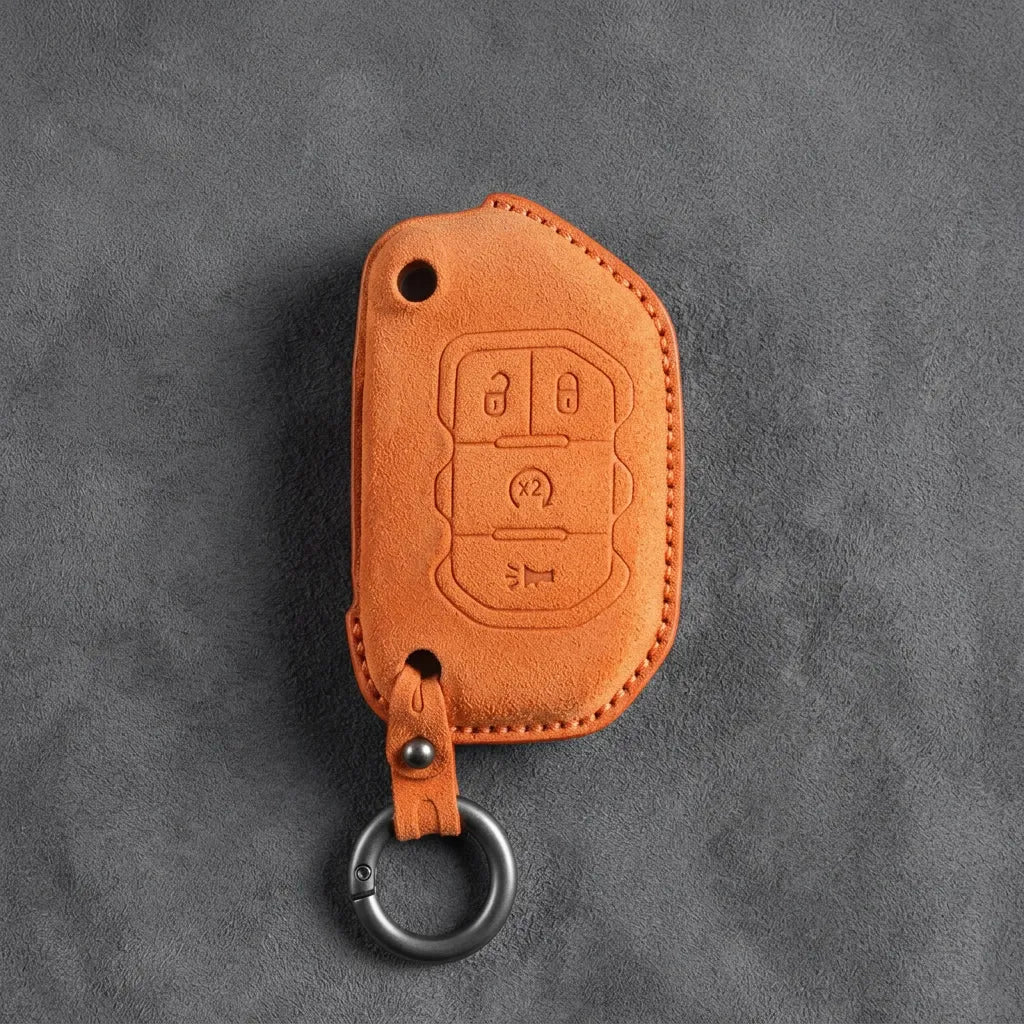 Jeep Hand-Stitched Alcantara Key Fob Cover – Remote Start Flip Key 4-Button Orange