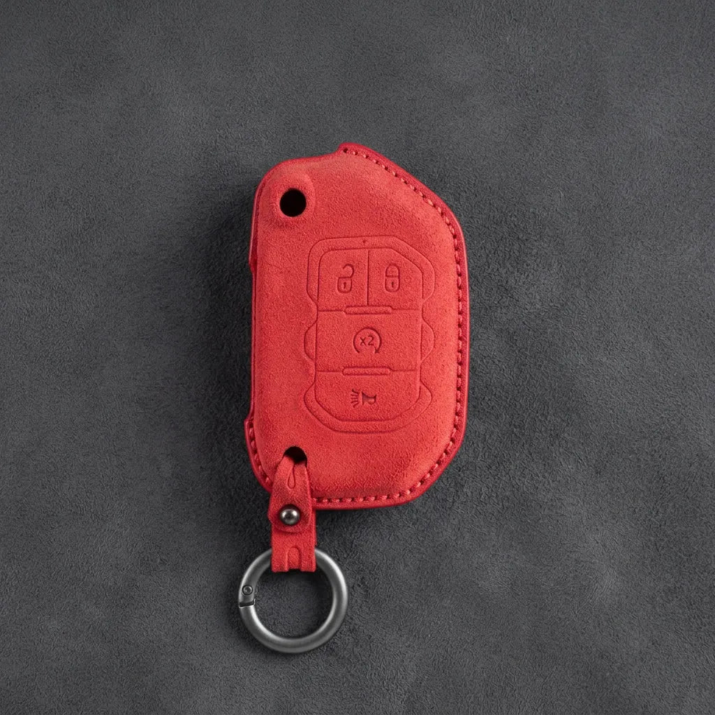 Jeep Hand-Stitched Alcantara Key Fob Cover – Remote Start Flip Key 4-Button Red