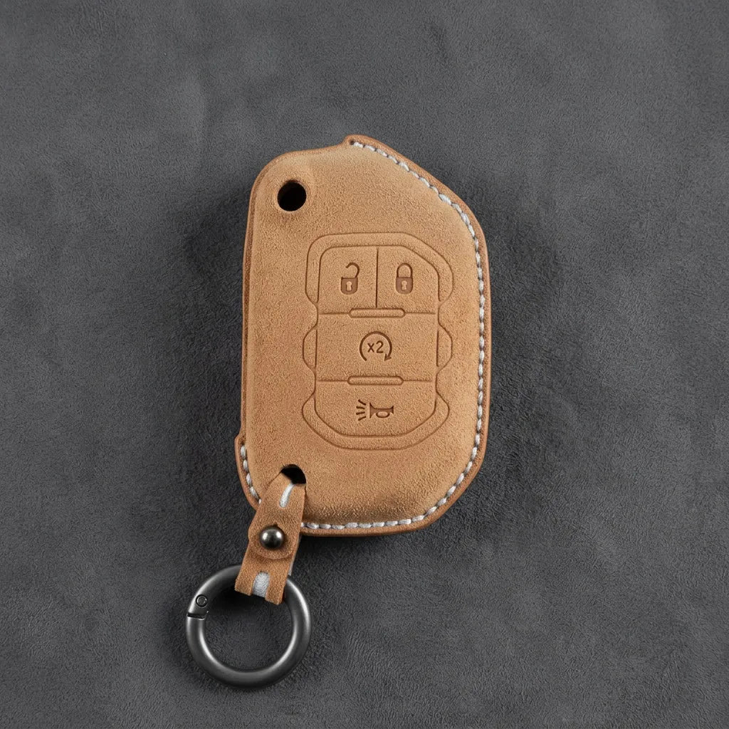 Jeep Hand-Stitched Alcantara Key Fob Cover – Remote Start Flip Key 4-Button Soft Brown