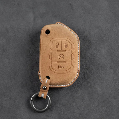 Jeep Hand-Stitched Alcantara Key Fob Cover – Remote Start Flip Key 4-Button Soft Brown