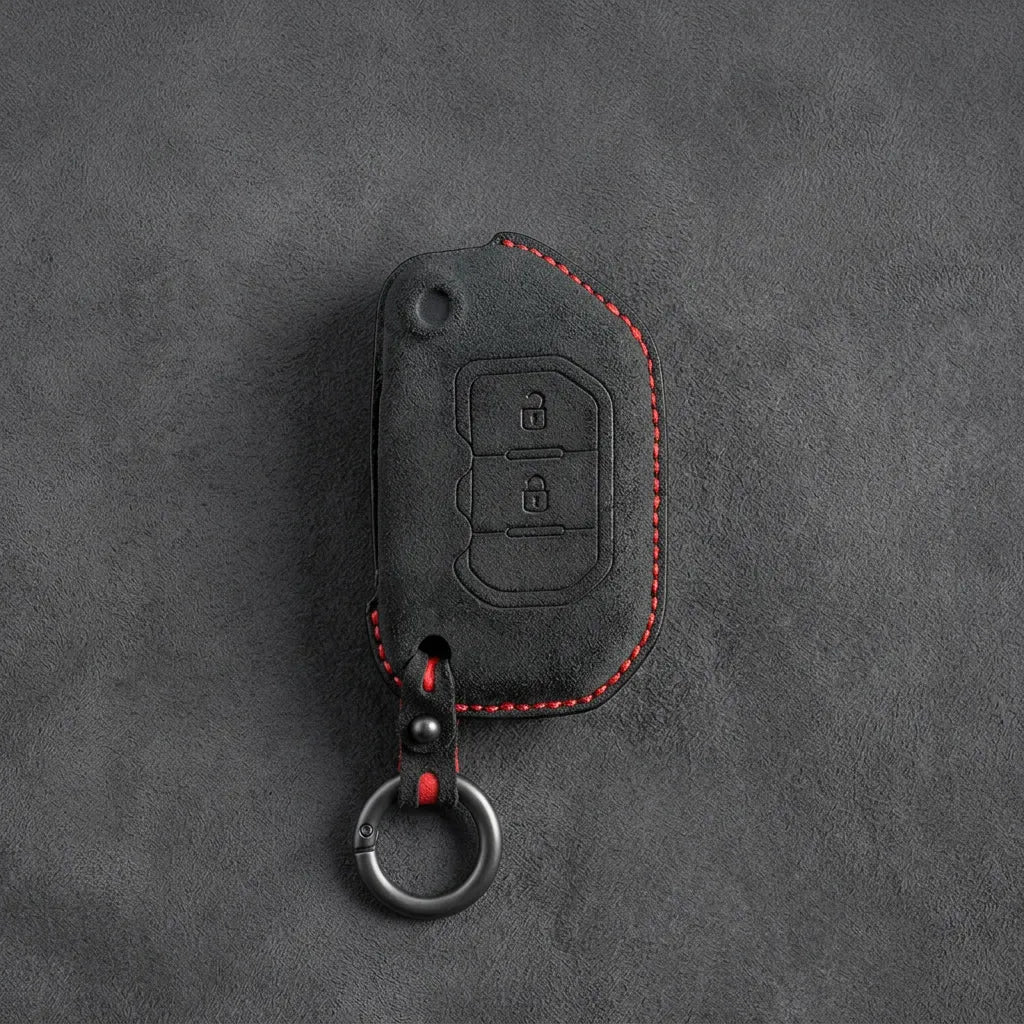 Jeep Hand-Stitched Alcantara Key Fob Cover – Rugged Flip Key 2-Button Dark Charcoal
