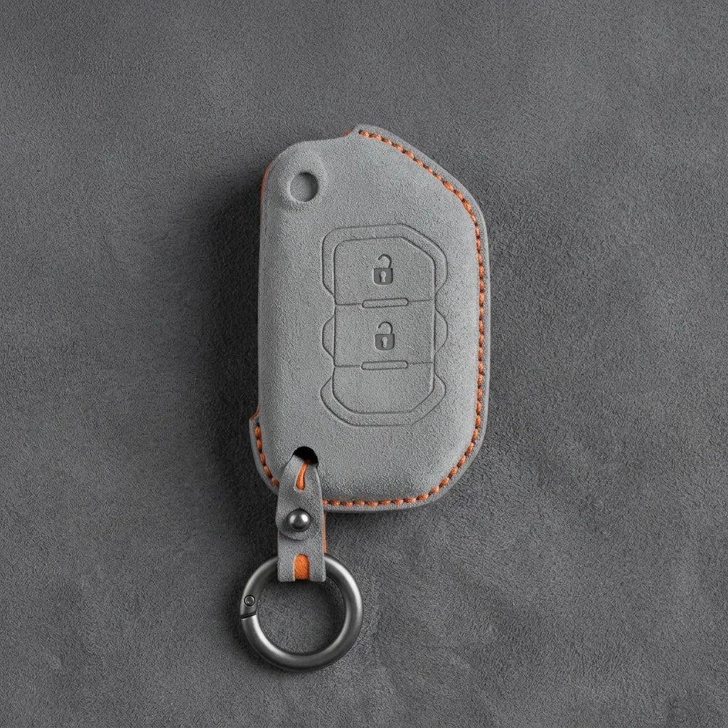 Jeep Hand-Stitched Alcantara Key Fob Cover – Rugged Flip Key 2-Button Dark Gray