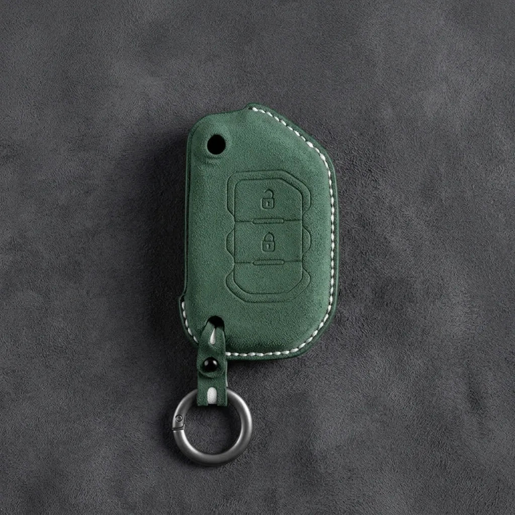 Jeep Hand-Stitched Alcantara Key Fob Cover – Rugged Flip Key 2-Button Dark Green
