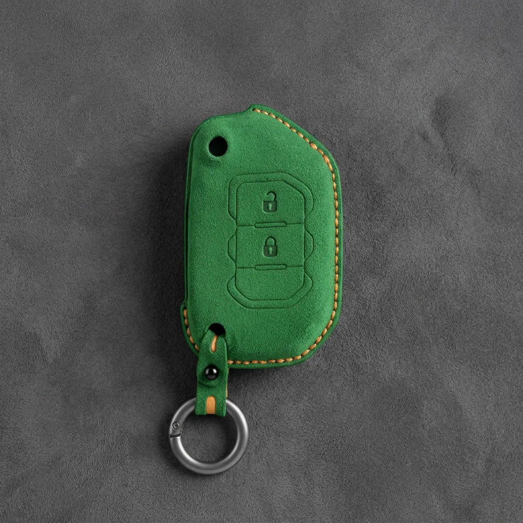 Jeep Hand-Stitched Alcantara Key Fob Cover – Rugged Flip Key 2-Button Grass Green