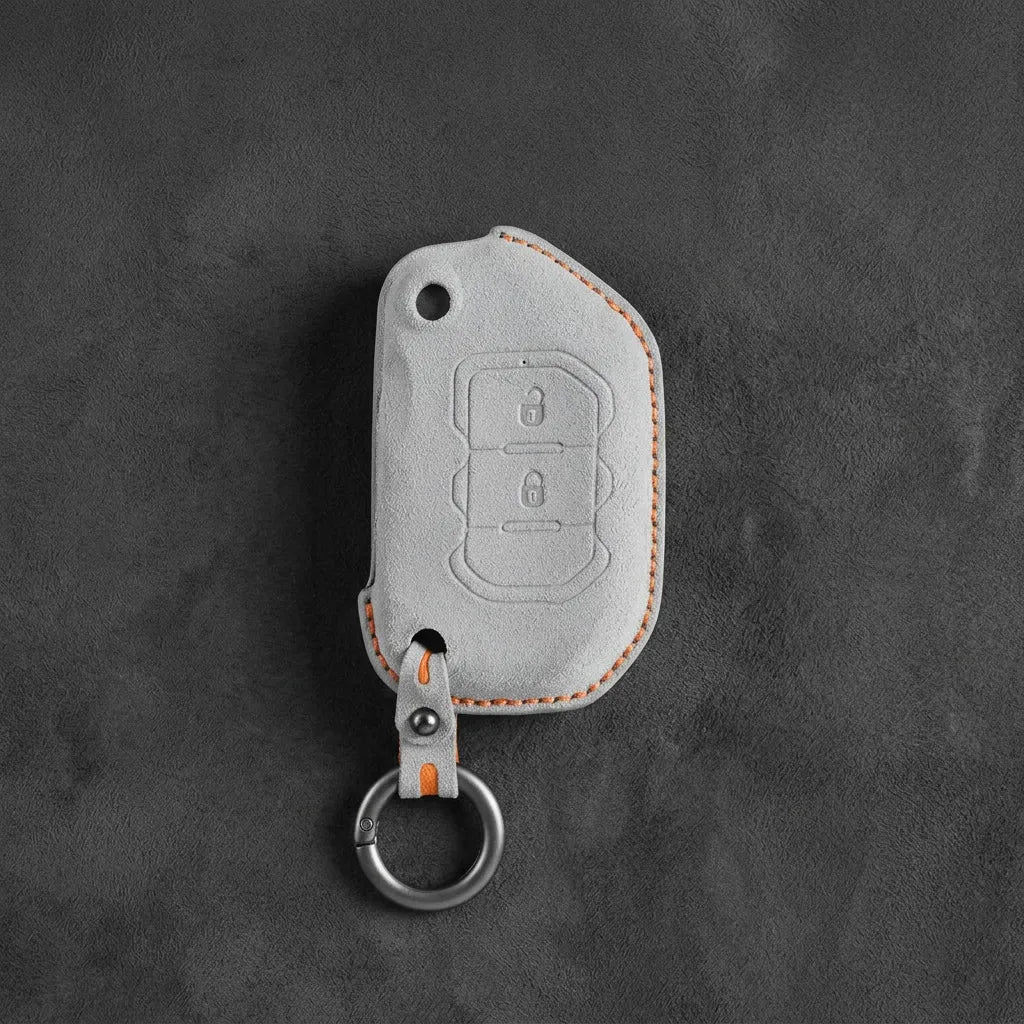 Jeep Hand-Stitched Alcantara Key Fob Cover – Rugged Flip Key 2-Button White