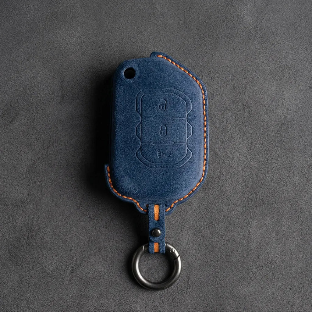 Jeep Hand-Stitched Alcantara Key Fob Cover – Rugged Panic Flip Key Cobalt Blue