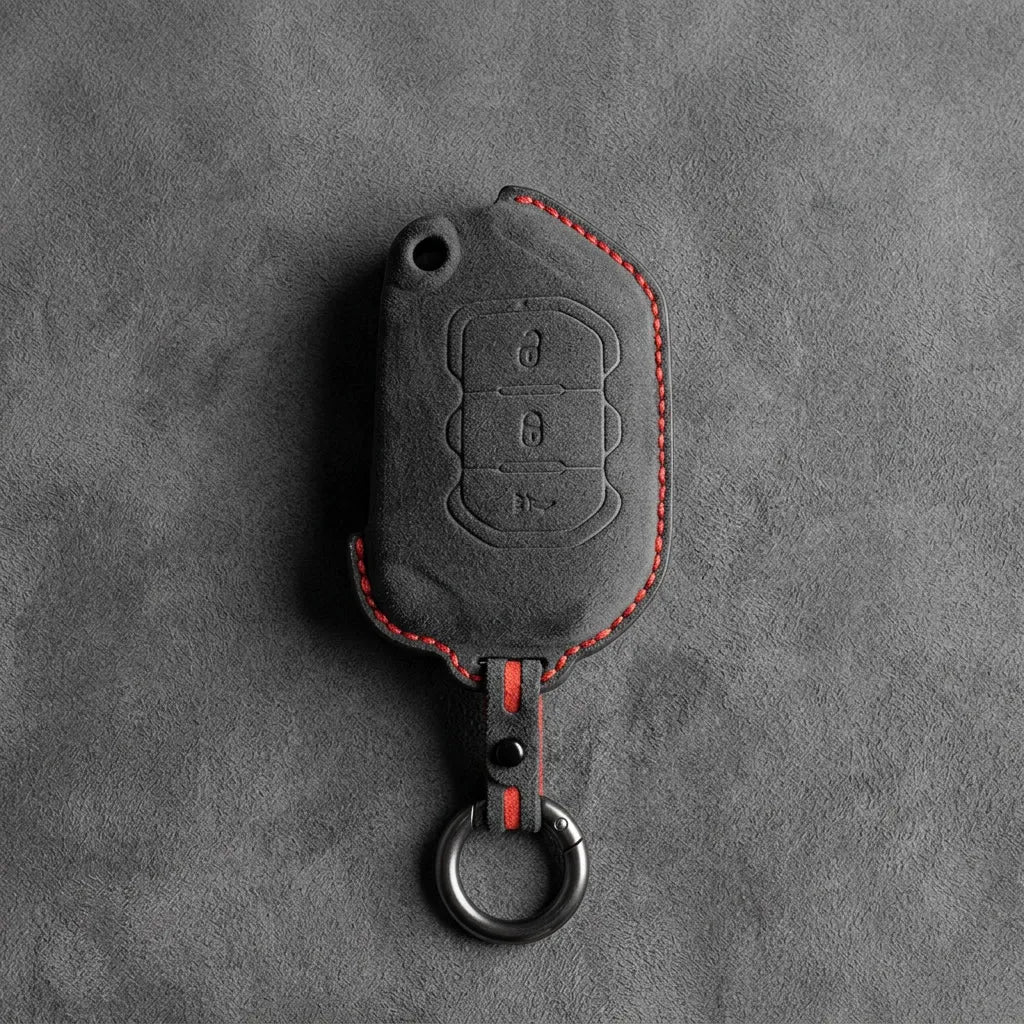 Jeep Hand-Stitched Alcantara Key Fob Cover – Rugged Panic Flip Key Dark Charcoal