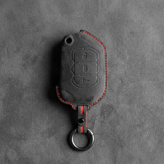 Jeep Hand-Stitched Alcantara Key Fob Cover – Rugged Panic Flip Key Dark Charcoal