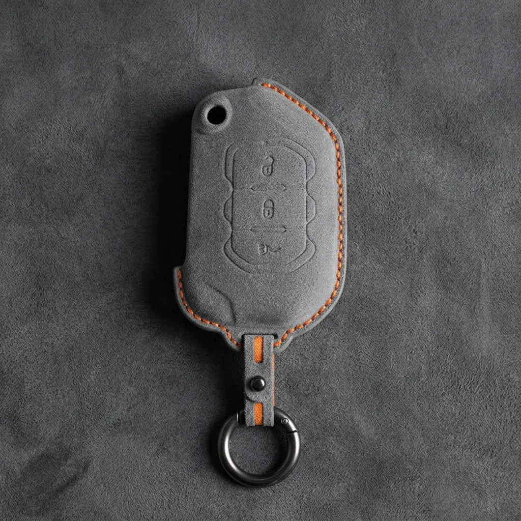 Jeep Hand-Stitched Alcantara Key Fob Cover – Rugged Panic Flip Key Dark Gray