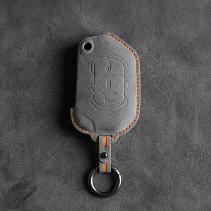 Jeep Hand-Stitched Alcantara Key Fob Cover – Rugged Panic Flip Key Dark Gray
