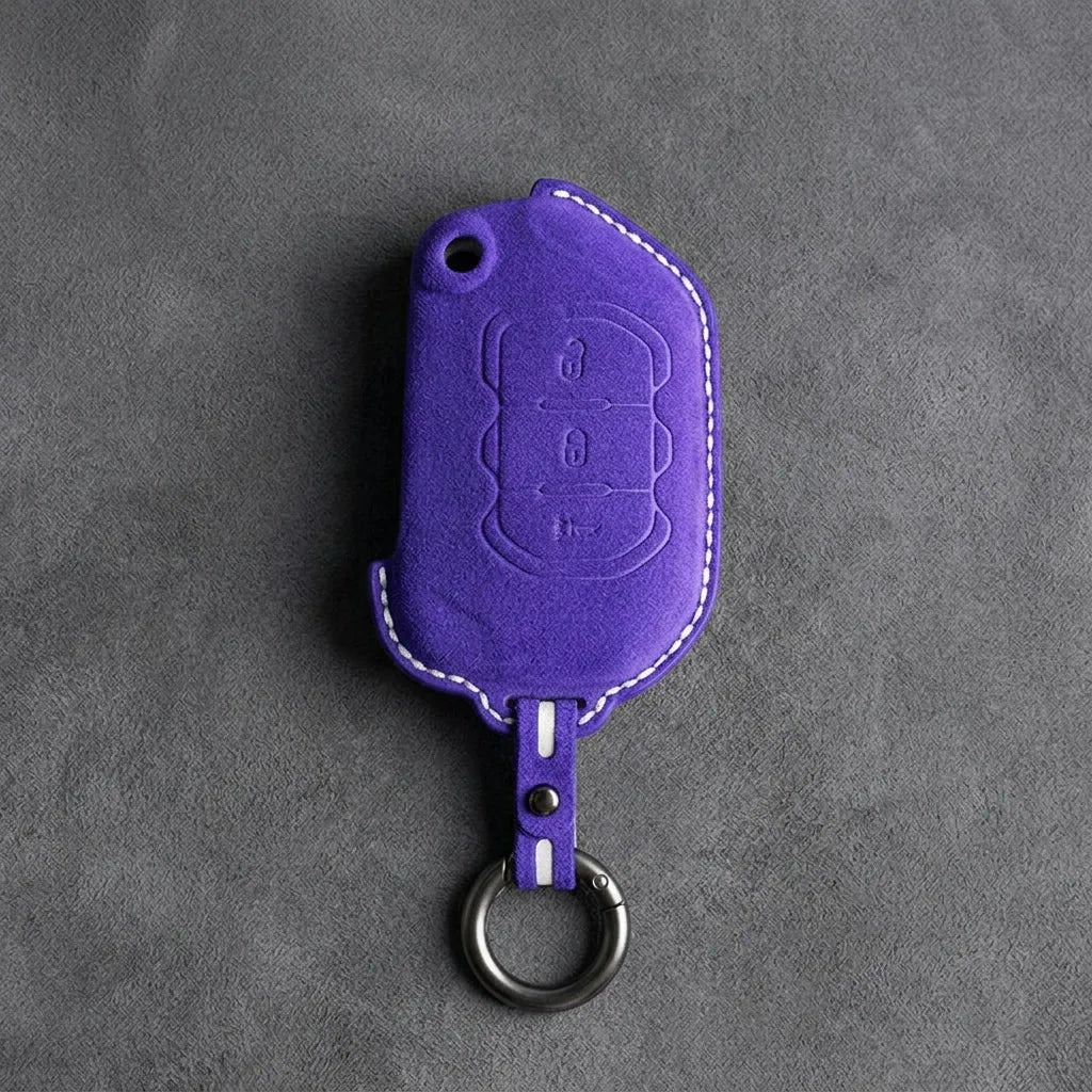 Jeep Hand-Stitched Alcantara Key Fob Cover – Rugged Panic Flip Key Dark Purple