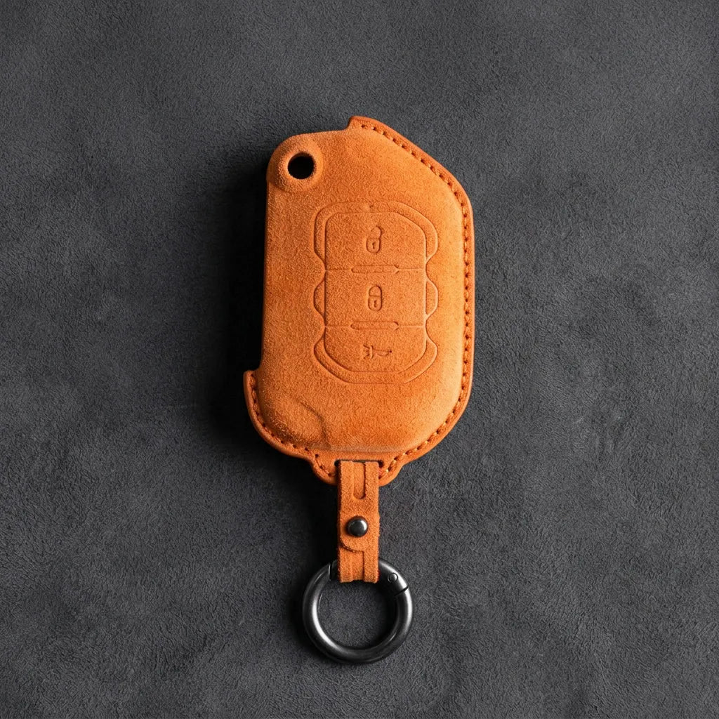 Jeep Hand-Stitched Alcantara Key Fob Cover – Rugged Panic Flip Key Orange