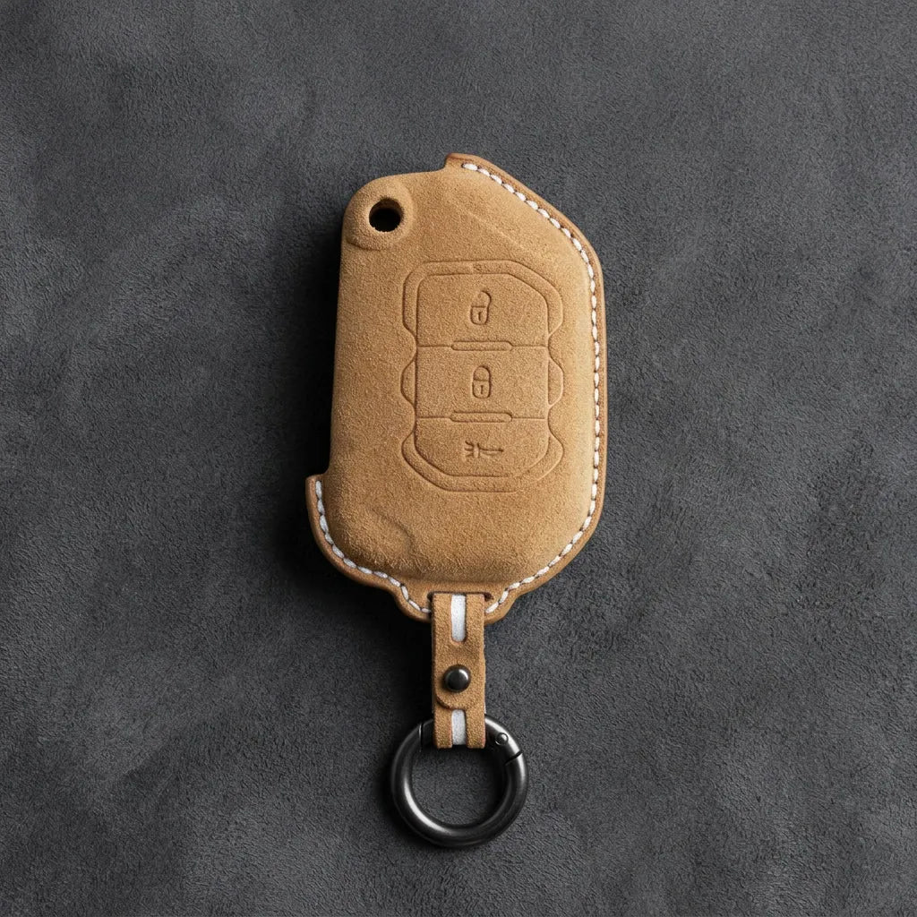 Jeep Hand-Stitched Alcantara Key Fob Cover – Rugged Panic Flip Key Soft Brown