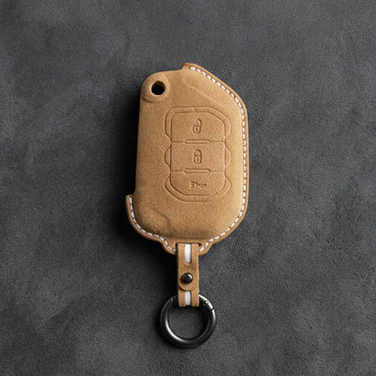 Jeep Hand-Stitched Alcantara Key Fob Cover – Rugged Panic Flip Key Soft Brown