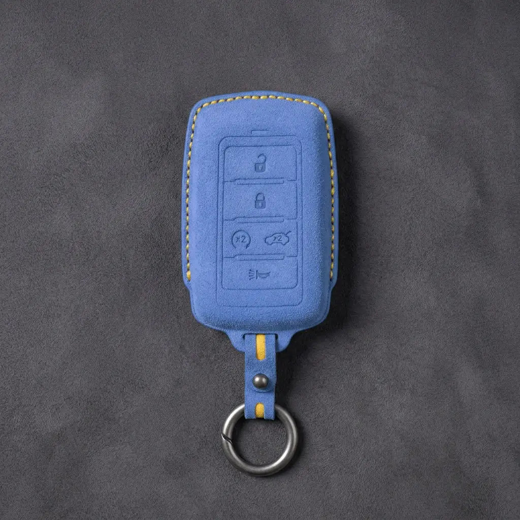 Jeep Hand-Stitched Alcantara Key Fob Cover – Vertical 5-Button Smart Key Cornflower Blue
