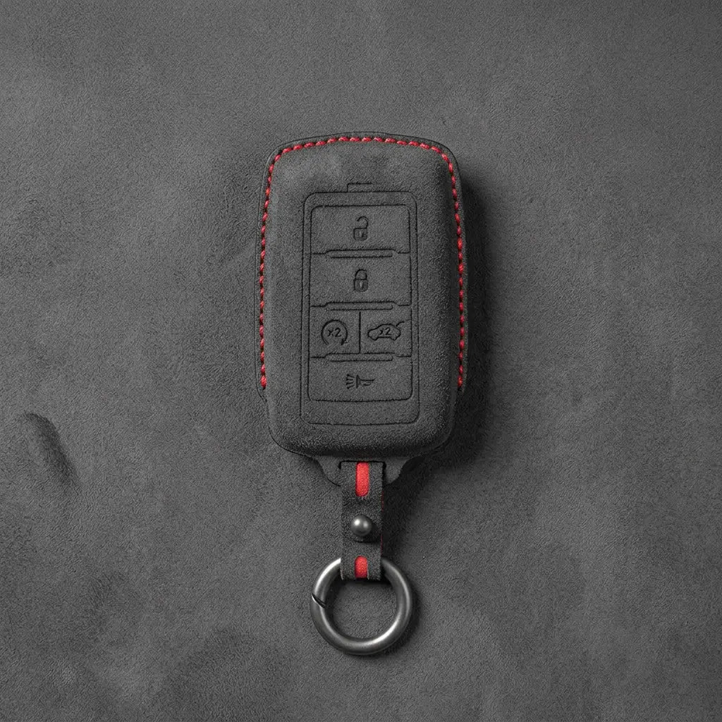 Jeep Hand-Stitched Alcantara Key Fob Cover – Vertical 5-Button Smart Key Dark Charcoal