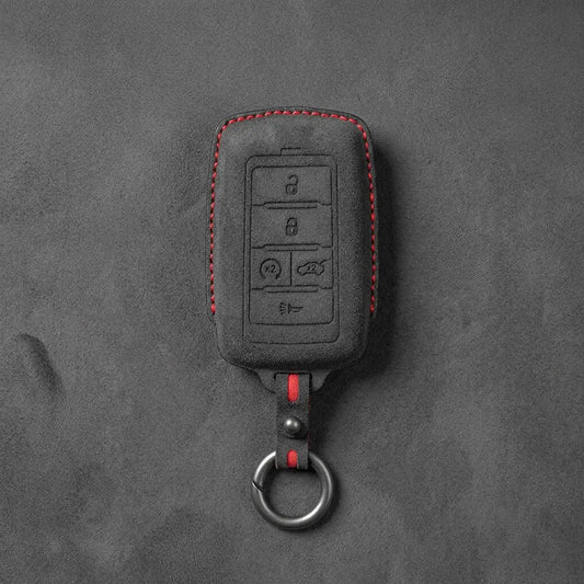 Jeep Hand-Stitched Alcantara Key Fob Cover – Vertical 5-Button Smart Key Dark Charcoal