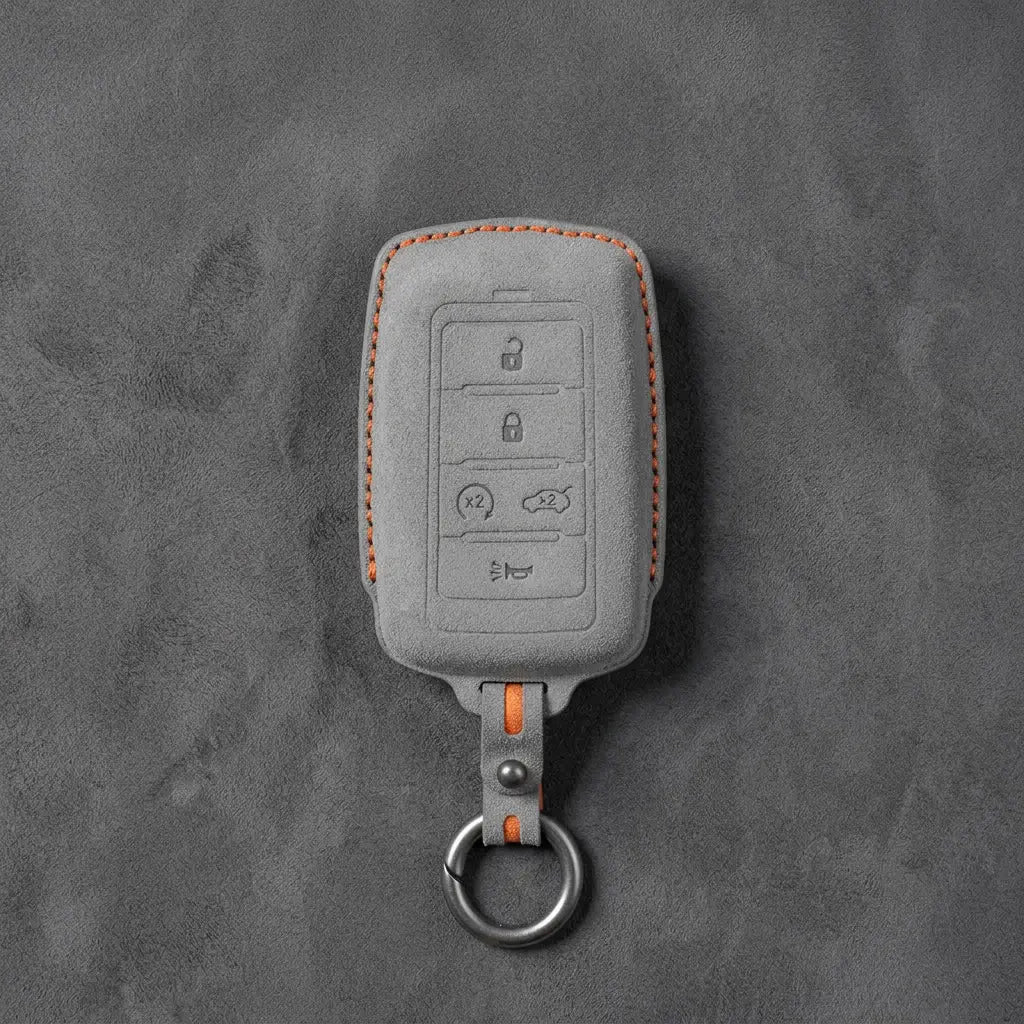Jeep Hand-Stitched Alcantara Key Fob Cover – Vertical 5-Button Smart Key Dark Gray